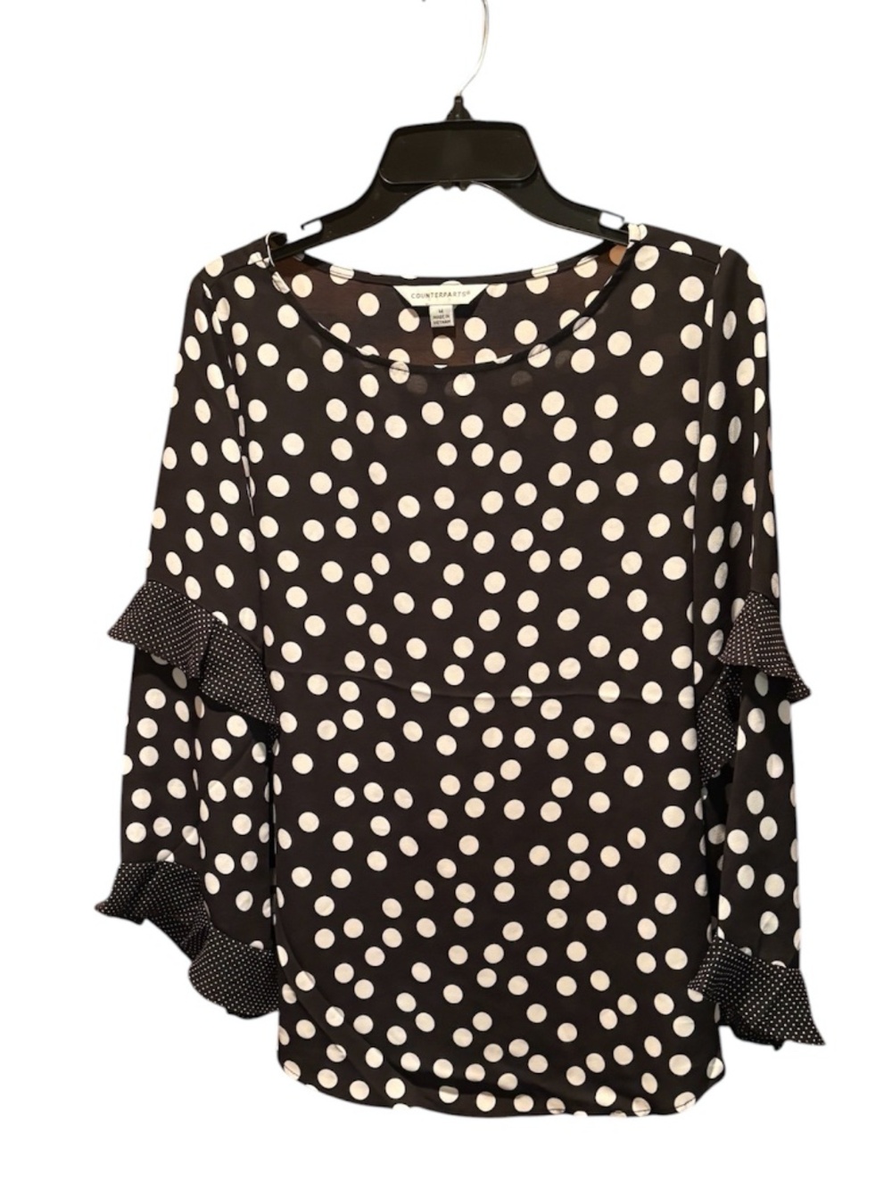Counterparts Polka Dot Ruffle Long Sleeve Blouse Black & White Medium NWT